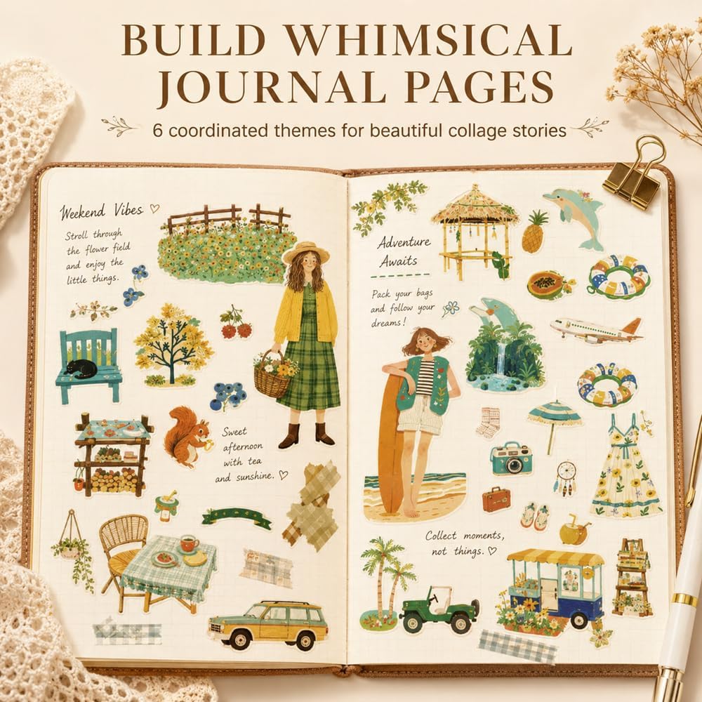 24 Sheets PET Die-Cut Stickers for Journaling, 6 Theme Packs