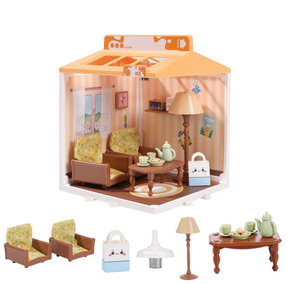 DIY Miniature House Play Kit for Beginners, Playhouse Toys for Boys and Girls, Home Scene Toys, Suitable for Children Aged 345678, immersive Experience of Life Scenes (Sunny Hugs Living Room)