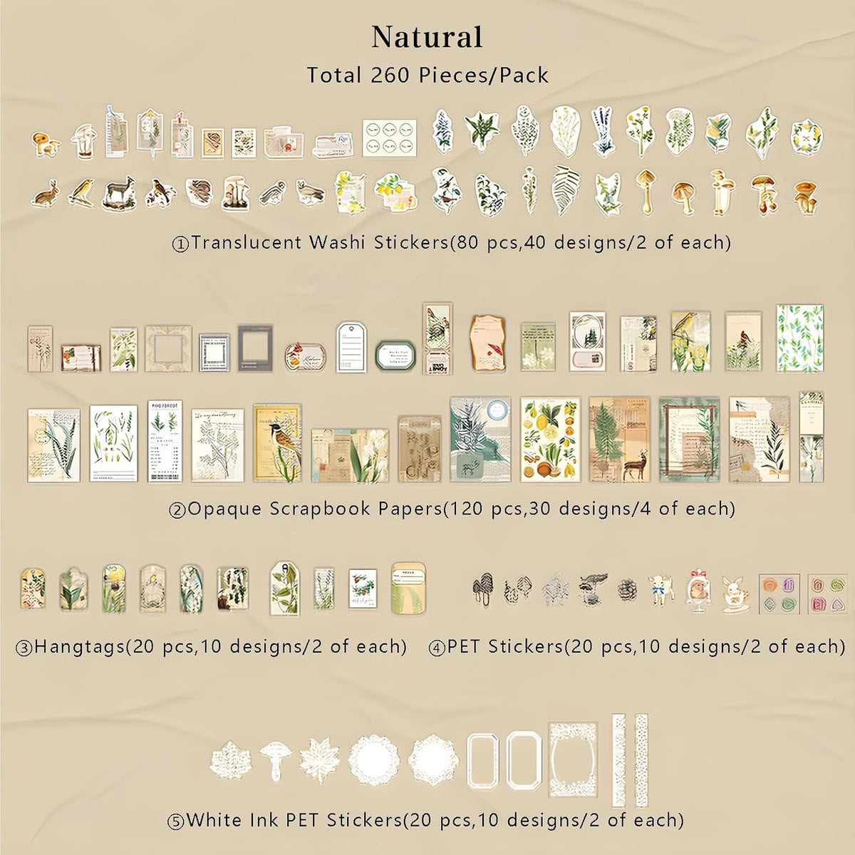 Teniinet 260 PCS Vintage Scrapbooking Supplies Kit for Beginners (Natural)