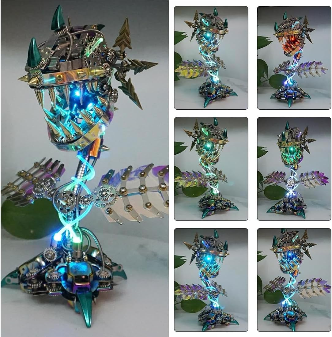 3D Metal Puzzle Piranha Plant Flower Model Kit, 400PCS DIY Assemble Steampunk Mechanical Piranha Plant Flower with LED Light, Creative Handcrafted Art Craft Desktop Display & Decoration for Adults