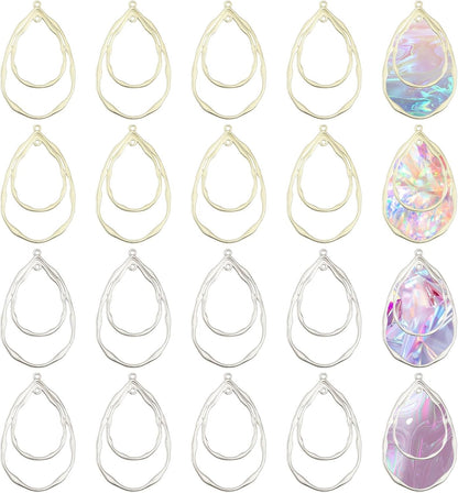 CHGCRAFT 20Pcs 2 Colors Teardrop Open Back Bezel Charms Pendants Zinc Alloy Pendants Bezel Blank Trays Geometric Hollow Frame Charms For DIY UV Resin Epoxy Resin Pressed Flower Jewelry Platinum Golden