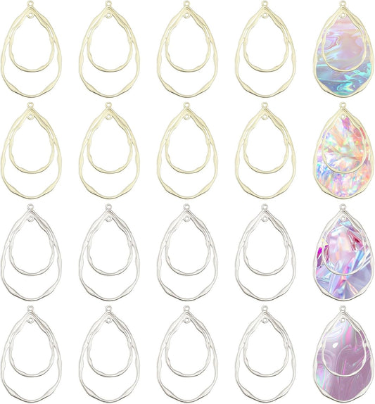 CHGCRAFT 20Pcs 2 Colors Teardrop Open Back Bezel Charms Pendants Zinc Alloy Pendants Bezel Blank Trays Geometric Hollow Frame Charms For DIY UV Resin Epoxy Resin Pressed Flower Jewelry Platinum Golden