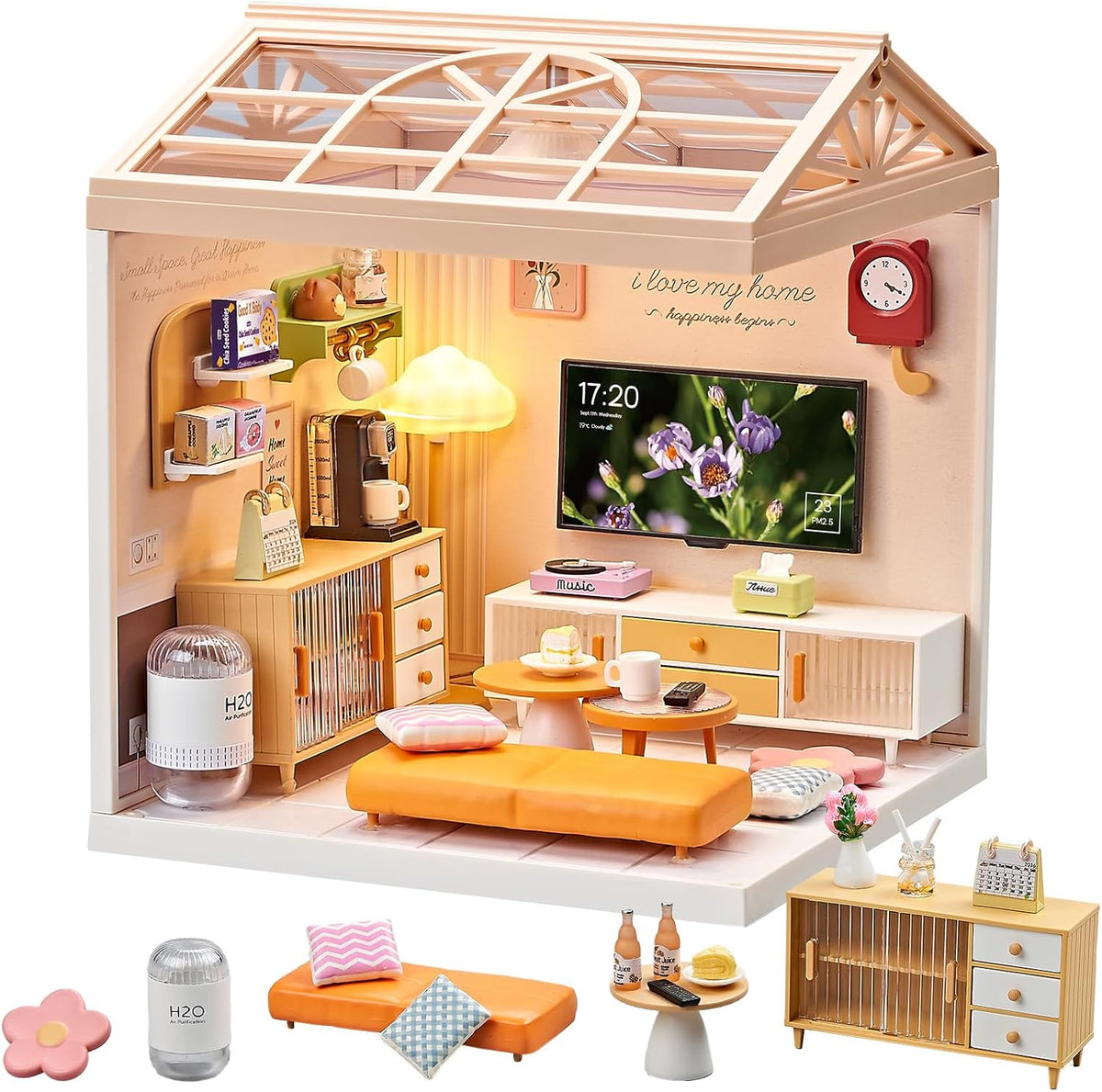 Miniature Living Room DIY Kit, 92Pcs 1:24 Scale Dollhouse with LED