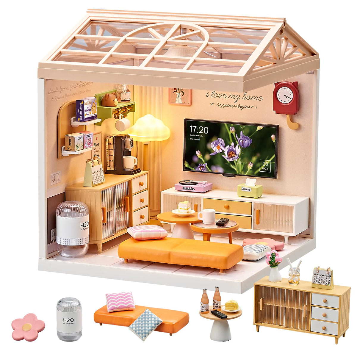 Miniature Living Room DIY Kit, 92Pcs 1:24 Scale Dollhouse with LED