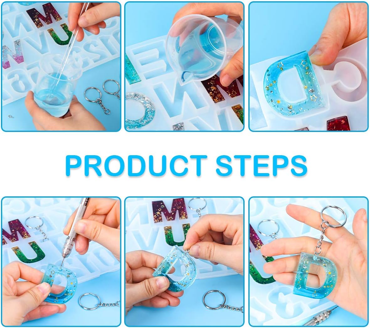 Mocoosy 134Pcs Alphabet Keychain Resin Molds Kit, Reversed Letter Number Silicone Mold Epoxy Resin Casting Molds Key Chain Making Set with 1 Hand Drill 2 Drill Bits 30 Key Rings 100 Screw Pin