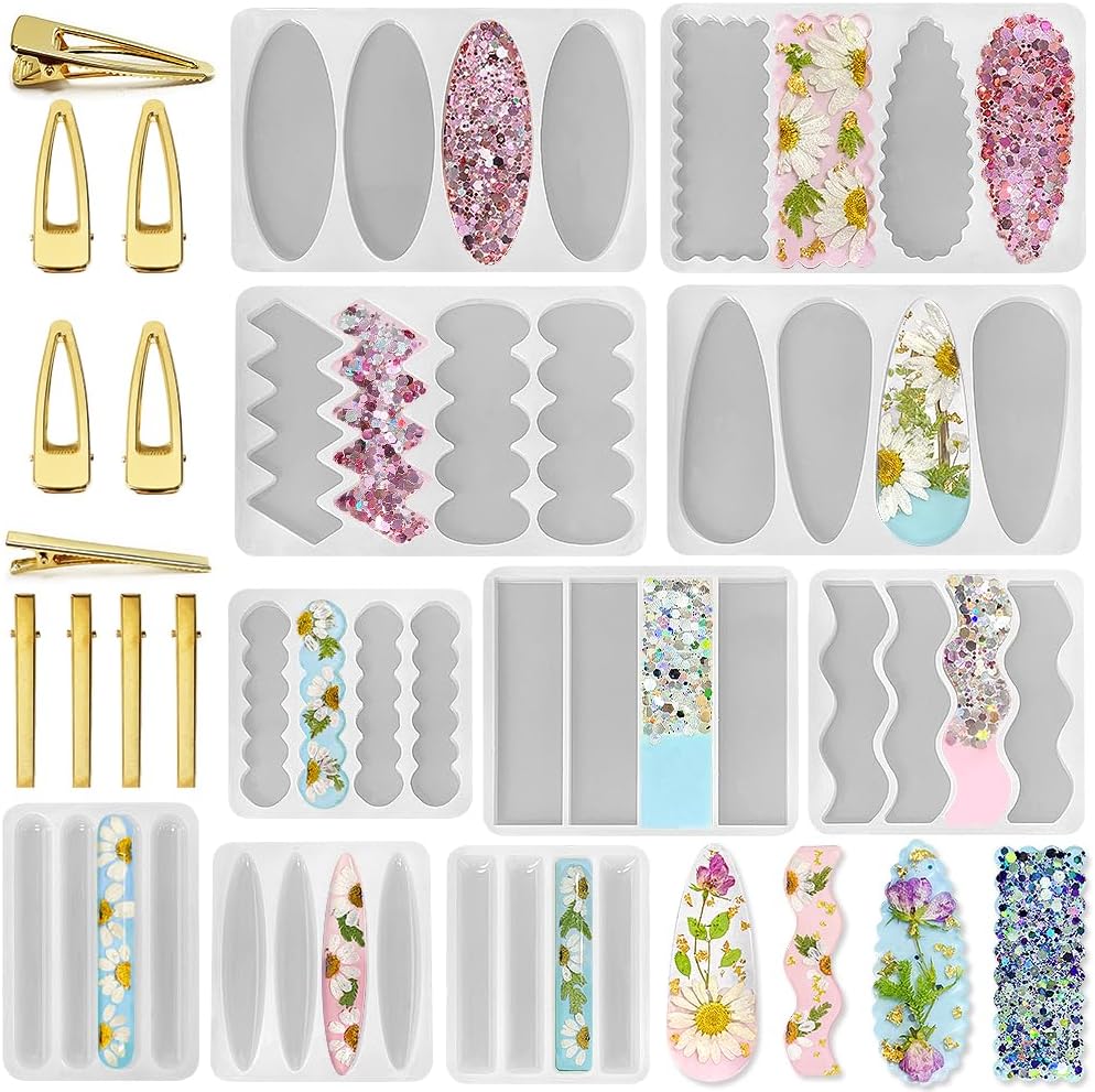 RESINWORLD Deep Hair Clip Silicone Molds with Accessories, Thick Hairpin Molds for Epoxy Resin Casting, UV Resin Jewelry Making Kit
