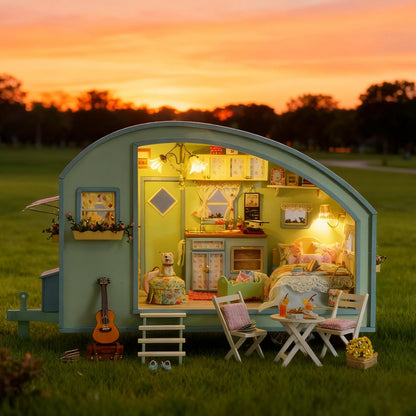 CUTEROOM DIY Miniature Wooden Caravan Dollhouse Kit with Furniture