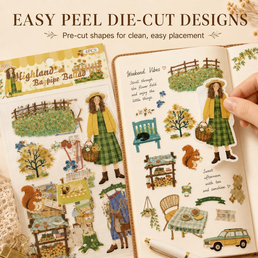 24 Sheets PET Die-Cut Stickers for Journaling, 6 Theme Packs