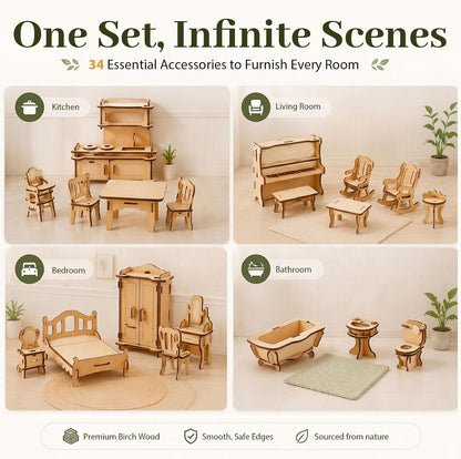 LOVEINUSA 34PCS Wooden Dollhouse Furniture Set, 1:20 Scale