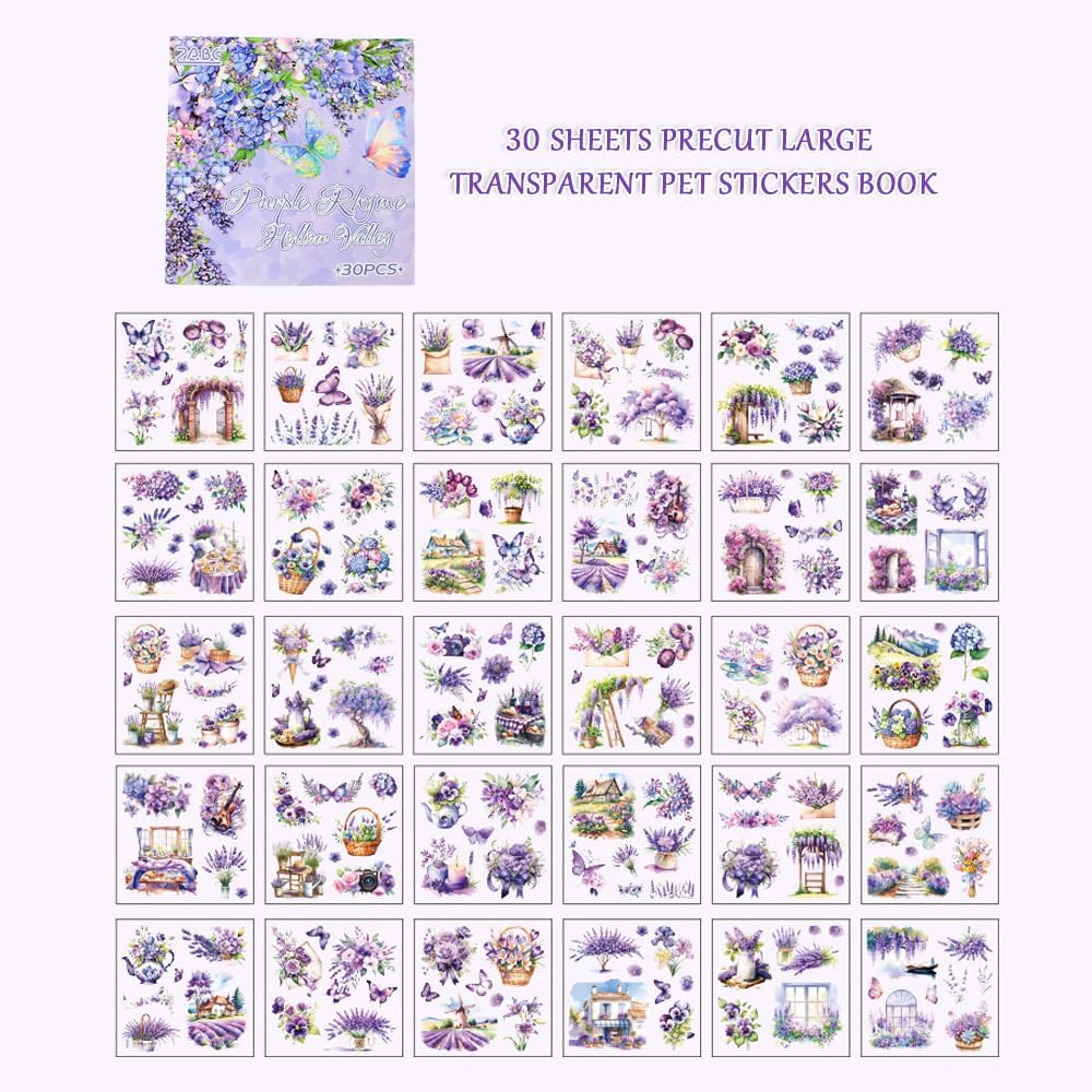 30 Sheets Precut Purple Garden Landscape Stickers Book for Junk Journal Supplies, Transparent PET Stickers for Journaling, Scrapbooking, Bujo, Collage, Card Making