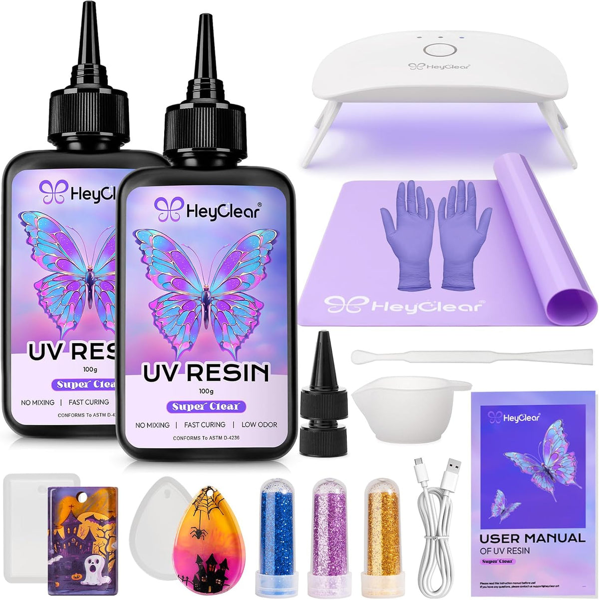 HeyClear UV Resin Kit with Light, Molds 200g Clear UV Epoxy Cure for Crafts