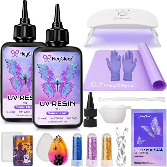 HeyClear UV Resin Kit with Light, Molds 200g Clear UV Epoxy Cure for Crafts