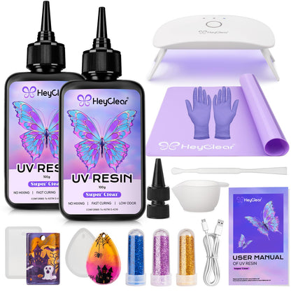 HeyClear UV Resin Kit with Light, Molds 200g Clear UV Epoxy Cure for Crafts
