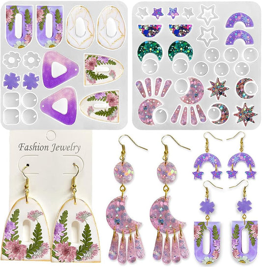 RESINWORLD Multi Piece Dangle Earrings Silicone Mold, Geometric Moon with Connector Earrings Resin Molds, Jewelry Casting Molds for Epoxy Resin