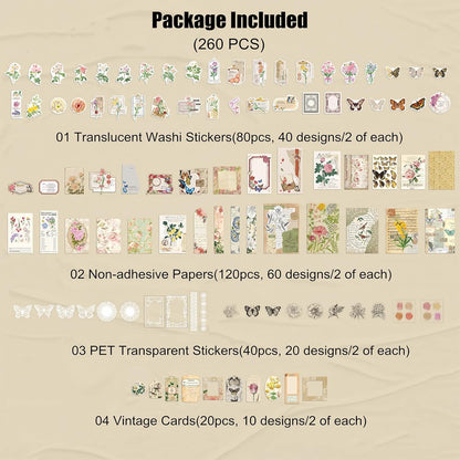 Esweny 260PCS Vintage Journaling Scrapbooking Supplies Scrapbook Sticker Paper Ephemera Pack for Junk Journal Planners Collage Craft Notebooks Album (Flowers and Butterflies)