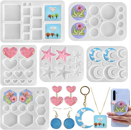 RESINWORLD Multi-Functional Small Silicone Molds Set for Resin, Earrings Resin Molds, Hexagon Round Crescent Moon Pentagram Heart Molds for Keychain Badge Reel Pendant Charm Earrings Jewelry Making