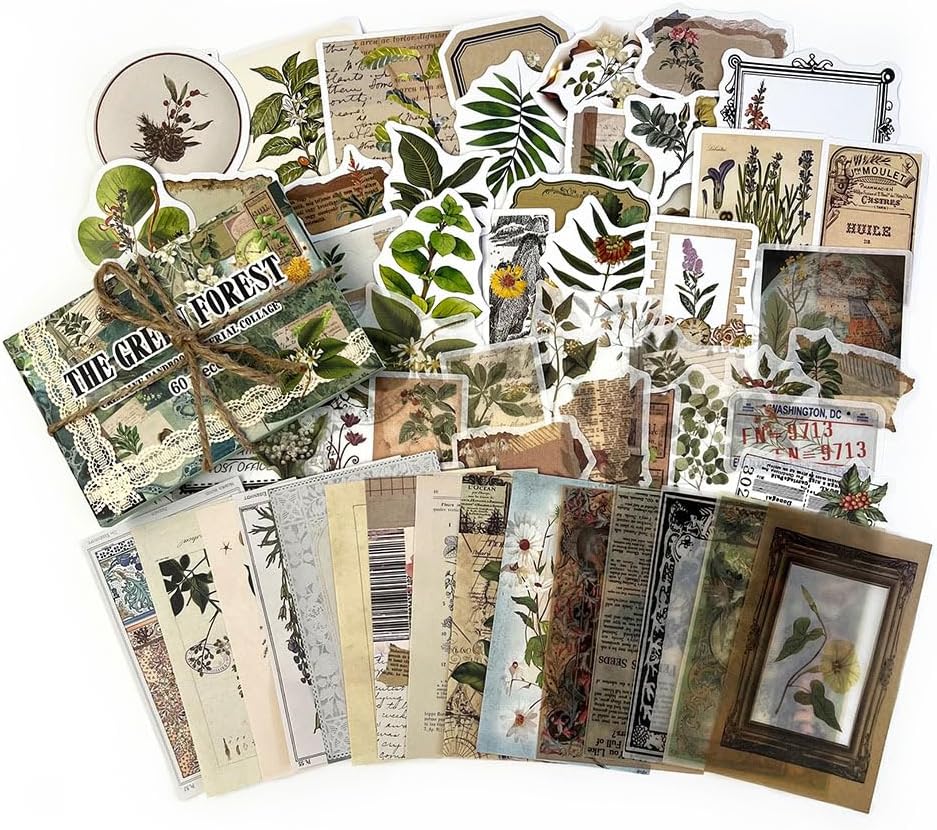 60PCS Vintage Green Forest Junk Journal Supplies Kit, Botanical Collage Paper & Stickers Set Craft Paper, Sulphate Paper, for Scrapbooking, Journaling, Planner.