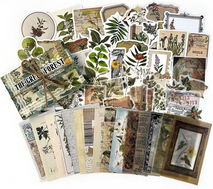 60PCS Vintage Green Forest Junk Journal Supplies Kit, Botanical Collage Paper & Stickers Set Craft Paper, Sulphate Paper, for Scrapbooking, Journaling, Planner.