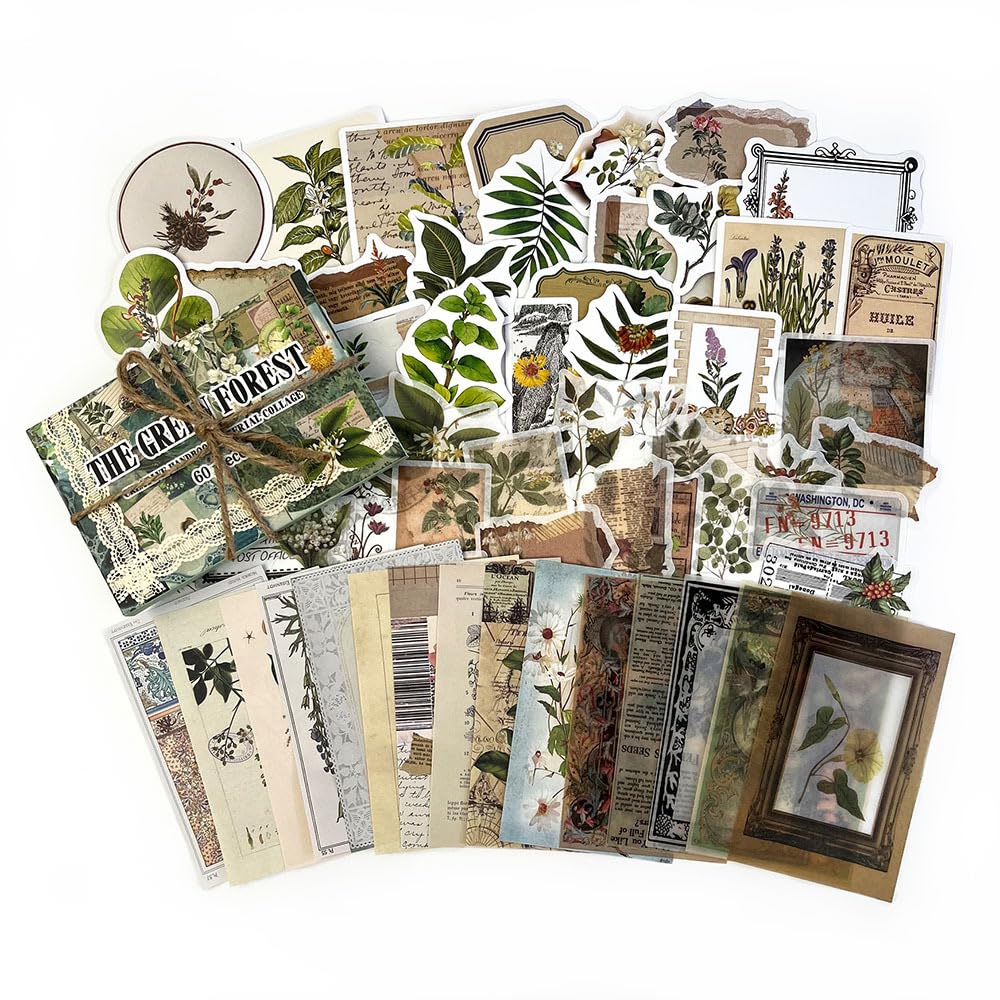60PCS Vintage Green Forest Junk Journal Supplies Kit, Botanical Collage Paper & Stickers Set Craft Paper, Sulphate Paper, for Scrapbooking, Journaling, Planner.