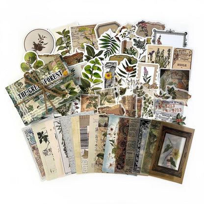 60PCS Vintage Green Forest Junk Journal Supplies Kit, Botanical Collage Paper & Stickers Set Craft Paper, Sulphate Paper, for Scrapbooking, Journaling, Planner.