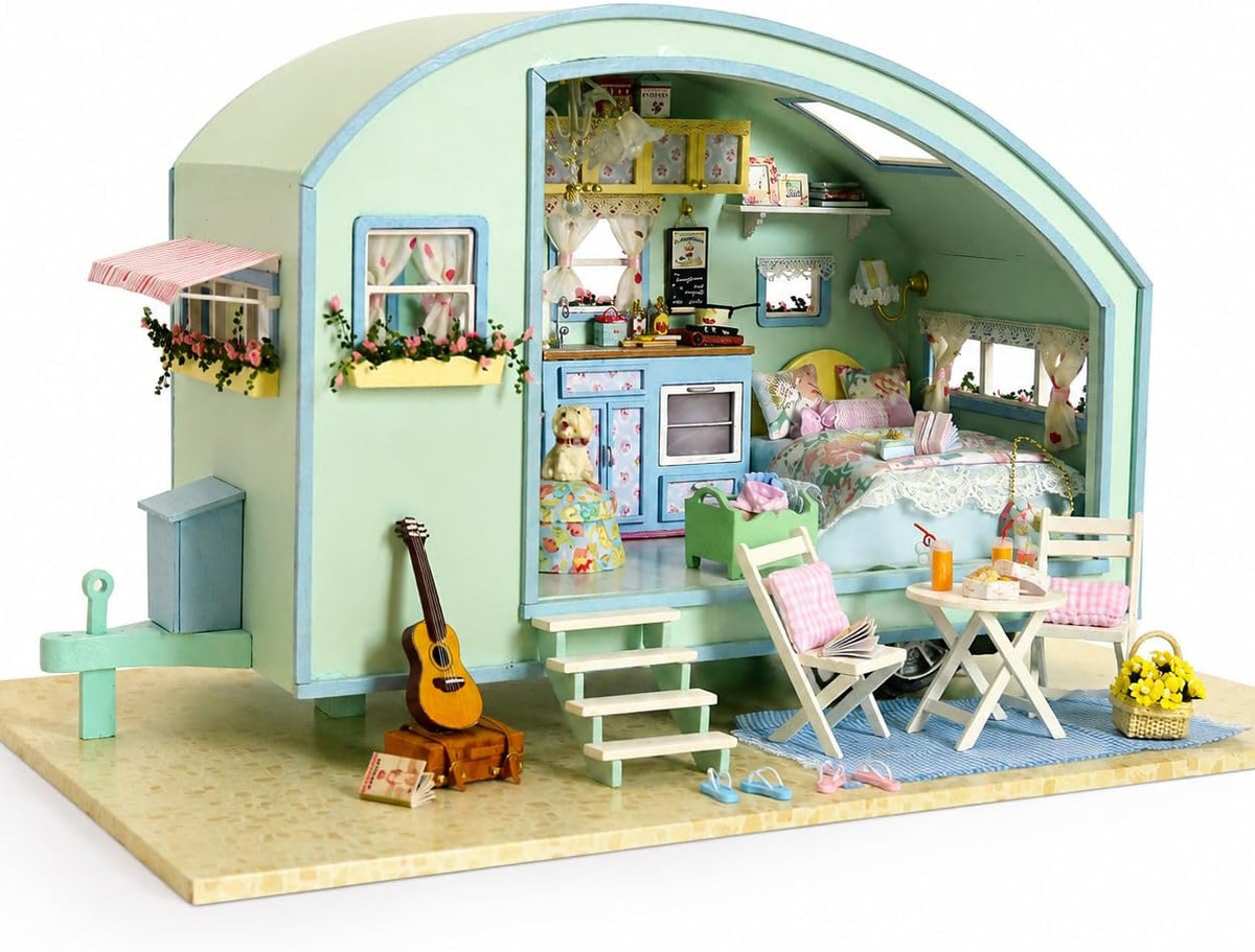 CUTEROOM DIY Miniature Wooden Caravan Dollhouse Kit with Furniture