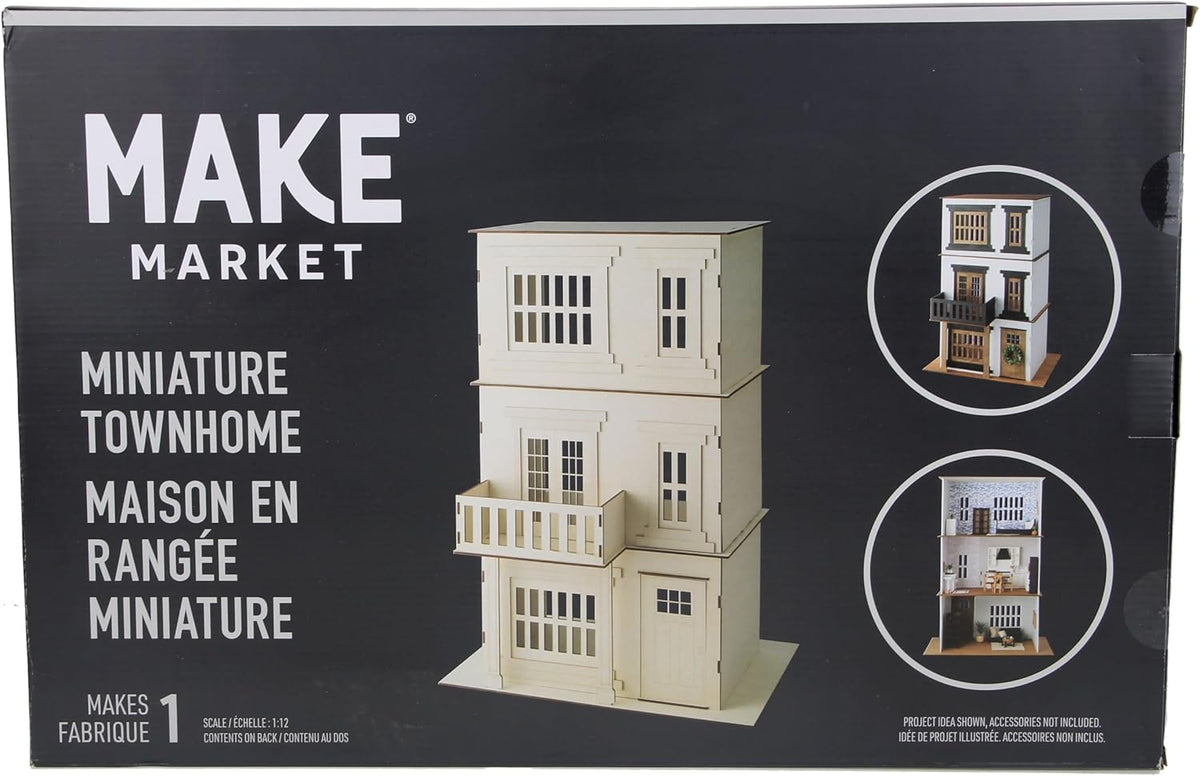 Make Market DIY Miniature Townhome Kit, 1:12 Scale Unfinished Plywood House, Natural, 30" Height, 21-Piece Set