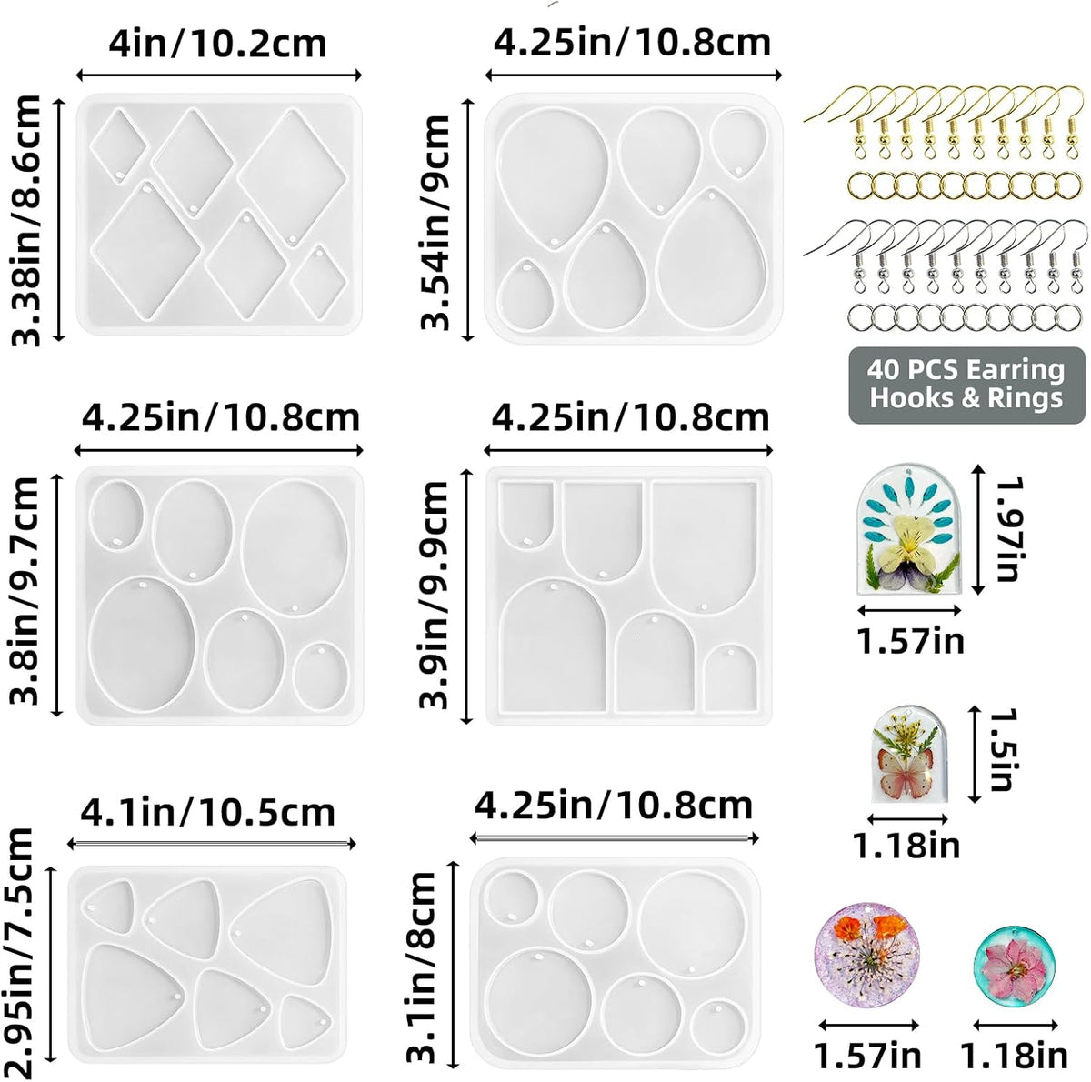 Roxjaejae 46 PCS Resin Earring Molds Silicone Kit, Resin Jewelry Making Kit with Built-in Holes for Earrings, Necklace, Pendants, Keychains