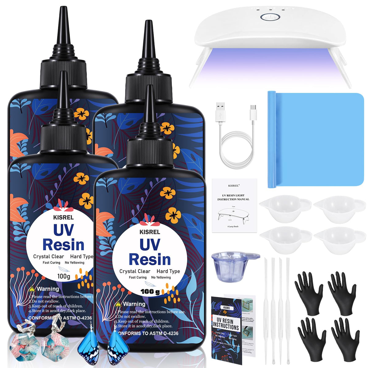 KISREL UV Resin Kit with Light, 200g Hard Type Clear UV Resin and UV Light