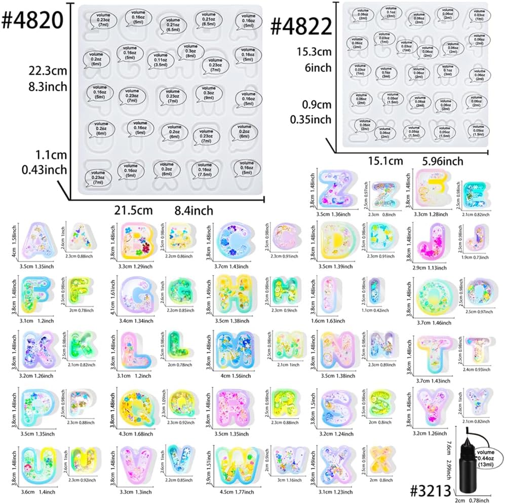 Alphabet Resin Shaker Molds Kawaii Keychain Charm Large and Small Set Pack of 107 Silicone Trays Seal Films Precision Tip Applicator Bottle Kit Bundle