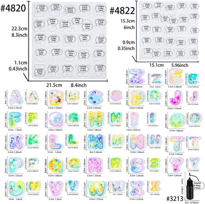 Alphabet Resin Shaker Molds Kawaii Keychain Charm Large and Small Set Pack of 107 Silicone Trays Seal Films Precision Tip Applicator Bottle Kit Bundle