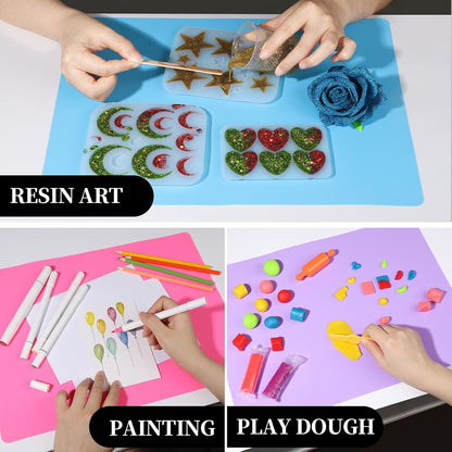 LEOBRO Silicone Mat for Resin Molds, 3 PCS Silicone Mats for Epoxy Resin, UV Resin, Play Dough Mat, Clay Mat, Nonstick Silicone Sheets Pads for DIY Arts and Crafts, Pink & Purple & Blue, 15.7”x 11.7”