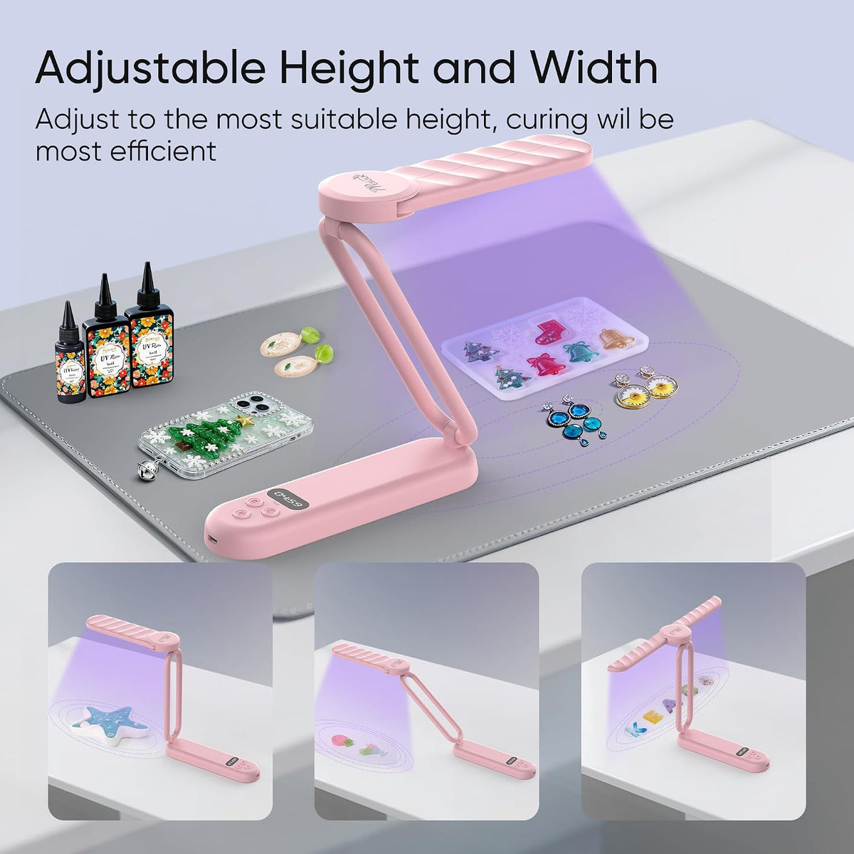 PPESULK 34 LEDs Cordless UV Light for Resin, Fast Curing Foldable UV Resin Lamp with LCD Timer Display, Rechargeable 3000mAh UV Lamp for Jewelry Making, Resin Molds & DIY Resin Crafts (Pink)