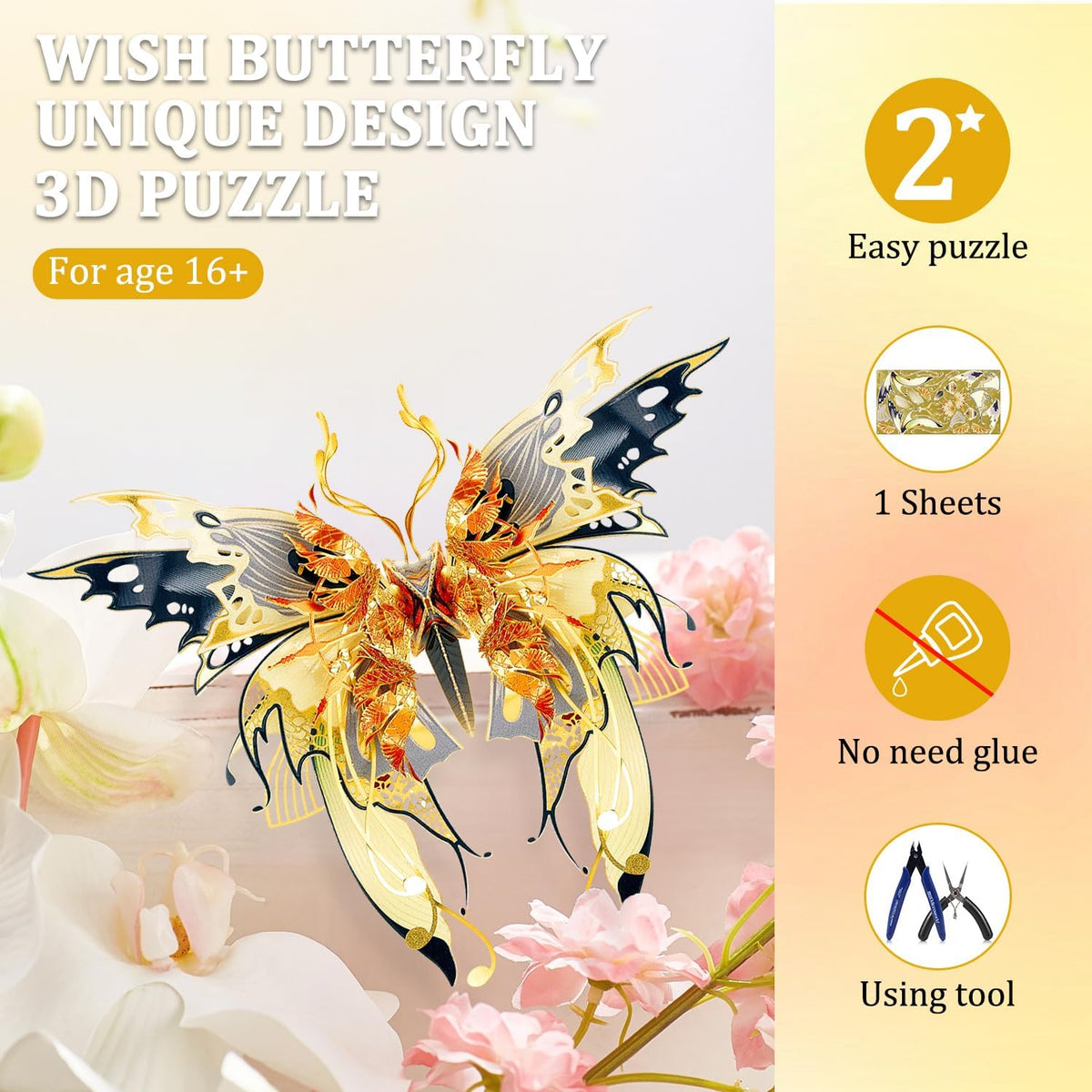 Microworld 3D Metal Puzzle, 6 Styles Wish Butterfly Metal Model Kit, Family Blessing Lucky Symbol Home Decor Collection DIY Metal Earth Brain Teaser Toys Gift- (6Pc/Set)
