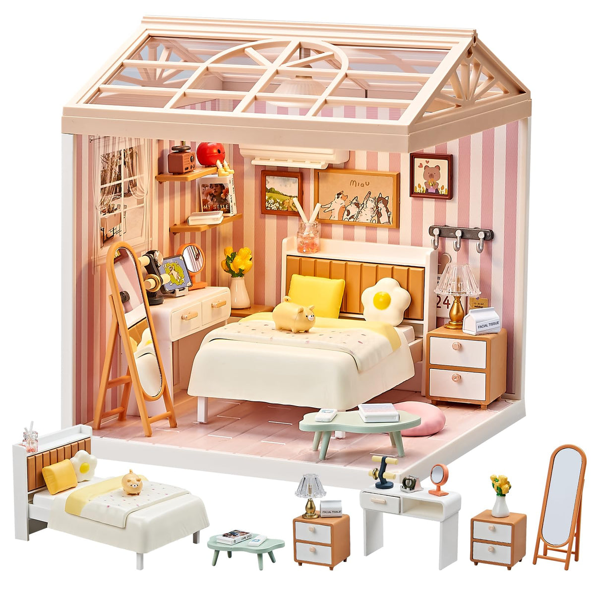 Miniature Living Room DIY Kit, 92Pcs 1:24 Scale Dollhouse with LED