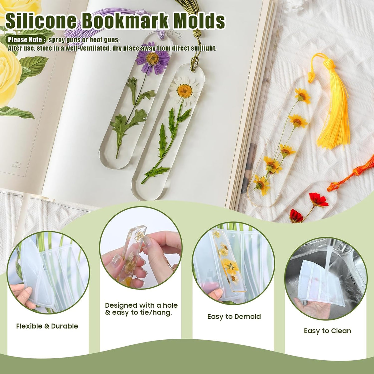 3Pcs Shiny Bookmarks Silicone Molds Set with 20Pcs Tassels
