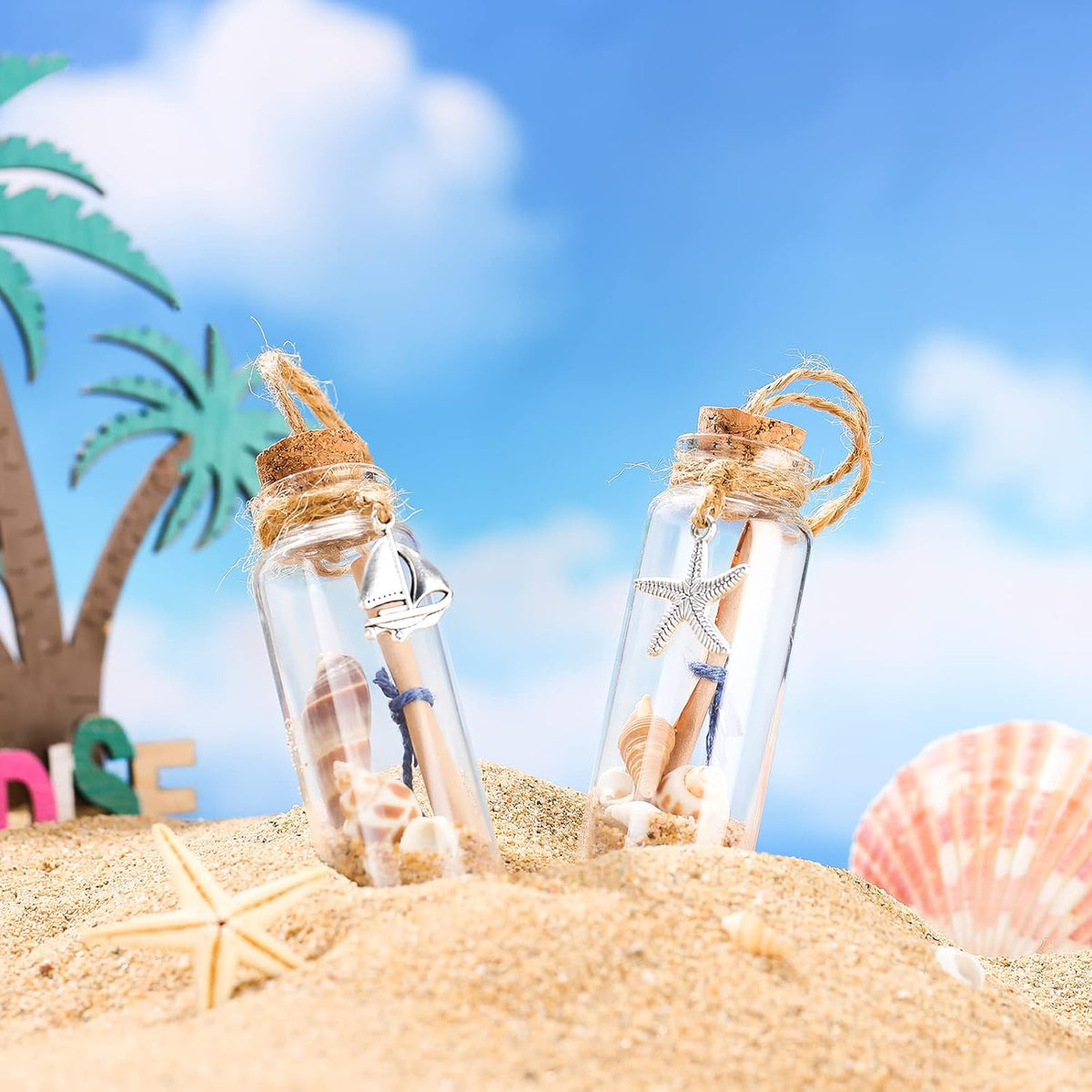 Qunclay 6 Pcs Beach Ornaments Glass Bottle with Sand Seashell