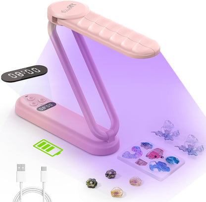 PPESULK 34 LEDs Cordless UV Light for Resin, Fast Curing Foldable UV Resin Lamp with LCD Timer Display, Rechargeable 3000mAh UV Lamp for Jewelry Making, Resin Molds & DIY Resin Crafts (Pink)