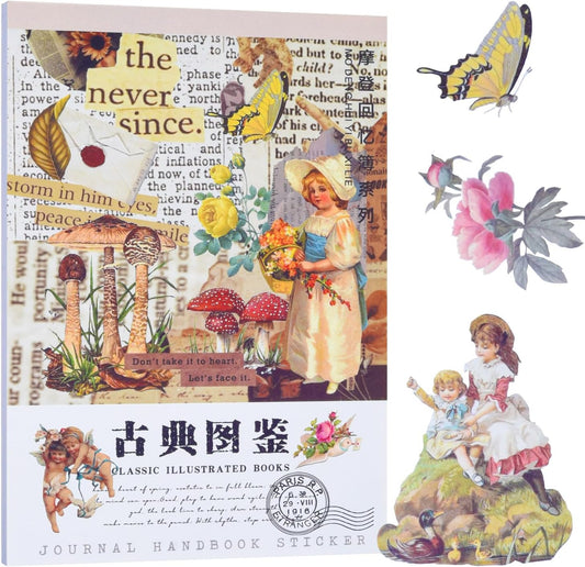 Vintage Scrapbook Washi Stickers Book for Art Journaing & Scrapbooking Supplies,Junk Journal Bullet Journals Botanical Stickers Craft Aesthetic Cottagecore Collage Album