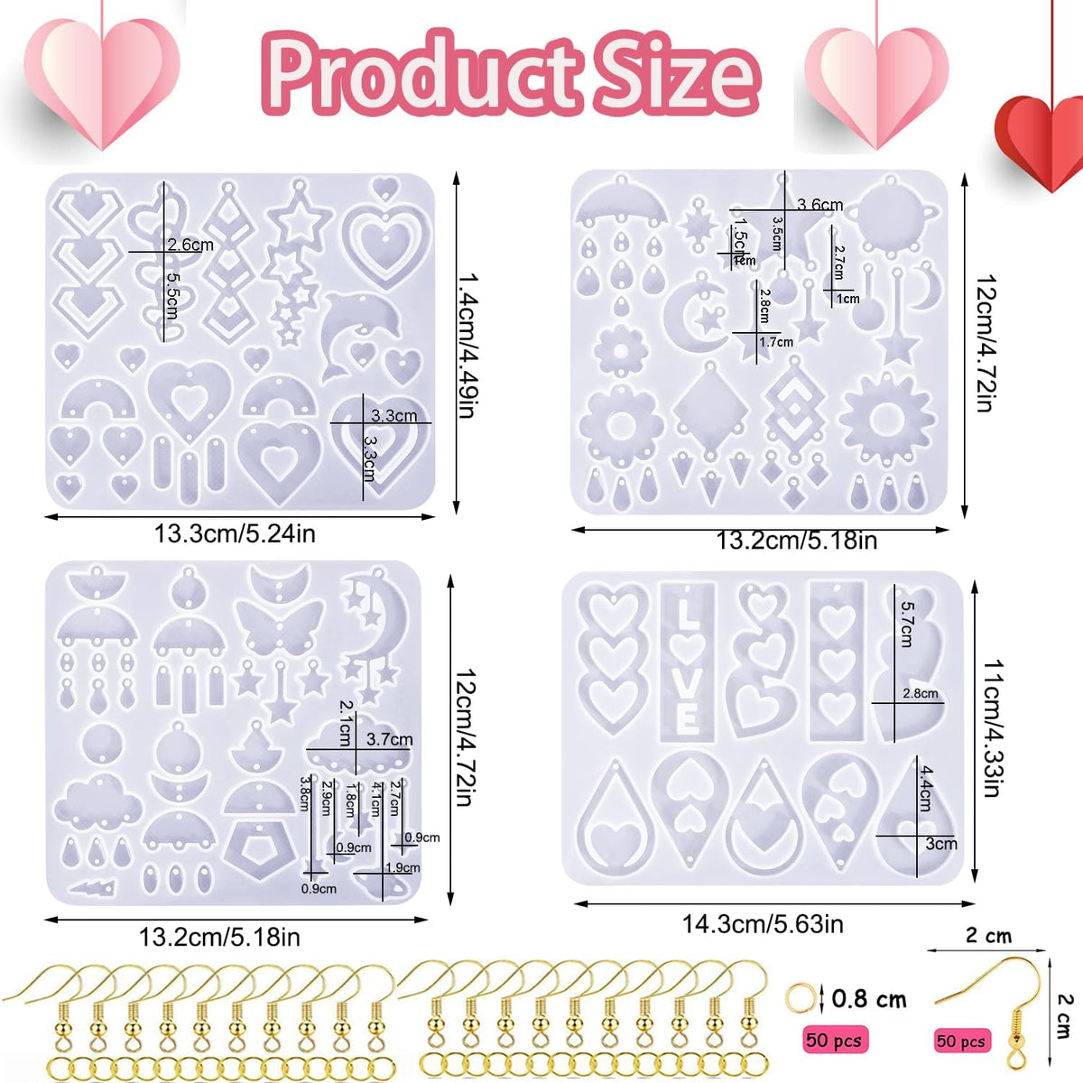 4 Pack Heart Resin Earring Mold Love Heart Star Shape Earring Silicone Molds for Mother's Day UV Casting Epoxy Silicone Molds Jewelry Earring Making Kit with 200 Earring Hook for DIY Crafts Keychains