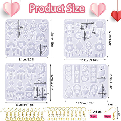 4 Pack Heart Resin Earring Mold Love Heart Star Shape Earring Silicone Molds for Mother's Day UV Casting Epoxy Silicone Molds Jewelry Earring Making Kit with 200 Earring Hook for DIY Crafts Keychains