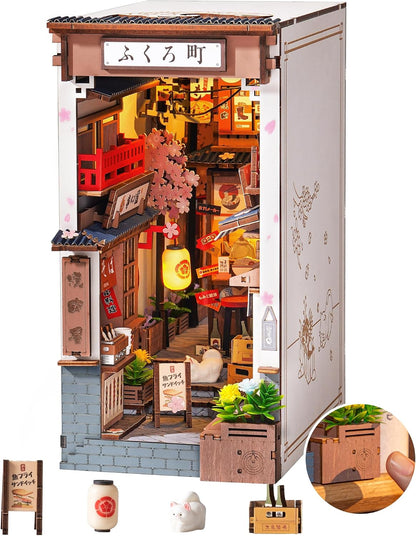 ROBOTIME Japanese Book Nook Kits, DIY Miniature House Kit for Adults 3D Wooden Puzzle, Bookends Bookshelf Diorama Creative Decorative Crafts Kits Unique Gifts for Teens & Beginners (Sakura Wine Alley)