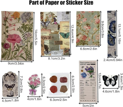 Esweny 260PCS Vintage Journaling Scrapbooking Supplies Scrapbook Sticker Paper Ephemera Pack for Junk Journal Planners Collage Craft Notebooks Album (Flowers and Butterflies)