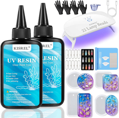 KISREL 200g UV Resin Kit with Light and Molds, Big 22 LED Beads Resin Kit