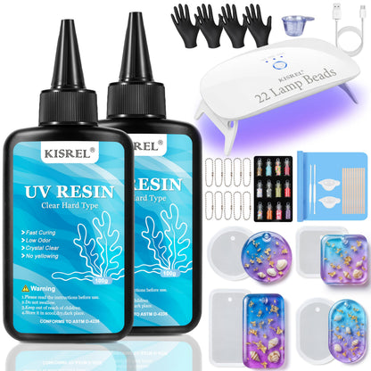 KISREL 200g UV Resin Kit with Light and Molds, Big 22 LED Beads Resin Kit