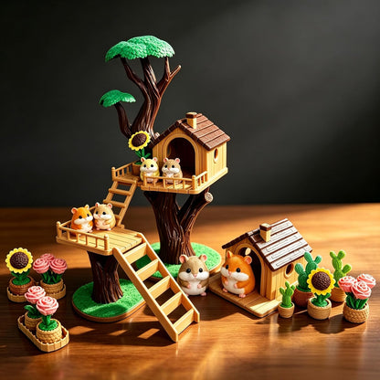 3D Printed Animal Cute Hamster House Scene Set with Cactus Rose Sunflower Tree, DIY Assembly Miniature Model for Desk Decoration, Home Accent, Gift Bag Filler, Tabletop Ornament