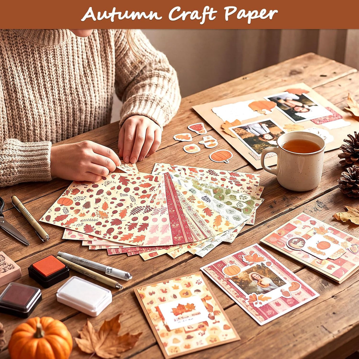 Autumn Scrapbook Paper, 60 Sheets 14 x 21 cm, Orange Brown