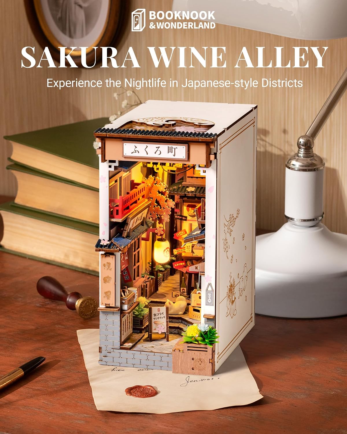 ROBOTIME Japanese Book Nook Kits, DIY Miniature House Kit for Adults 3D Wooden Puzzle, Bookends Bookshelf Diorama Creative Decorative Crafts Kits Unique Gifts for Teens & Beginners (Sakura Wine Alley)