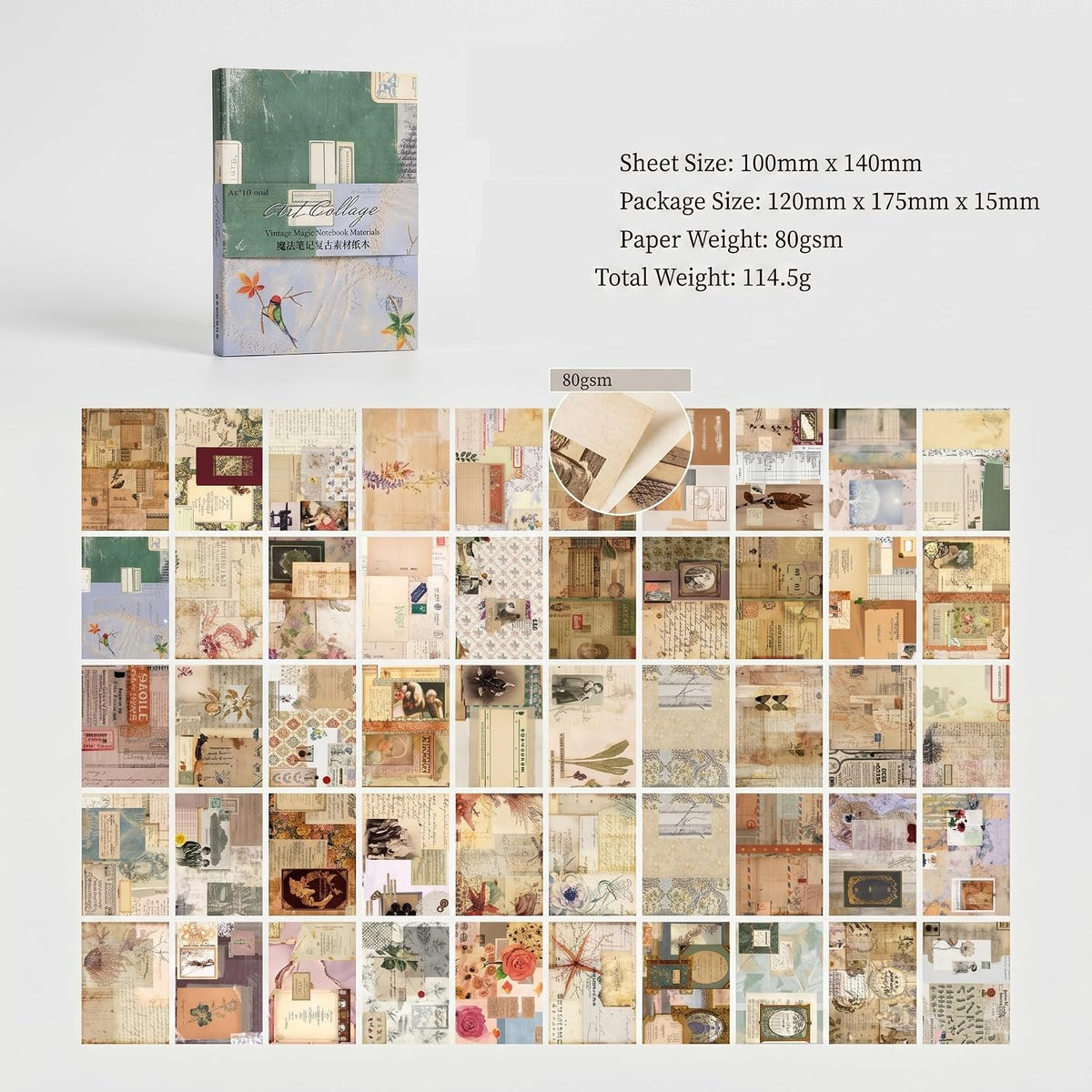 100 Sheets Vintage Collage Art Scrapbook Paper,Retro Mixed Media Journal Ephemera,Antique Document Background Set,Neutral Tone Craft Supply,for Adult DIY Album