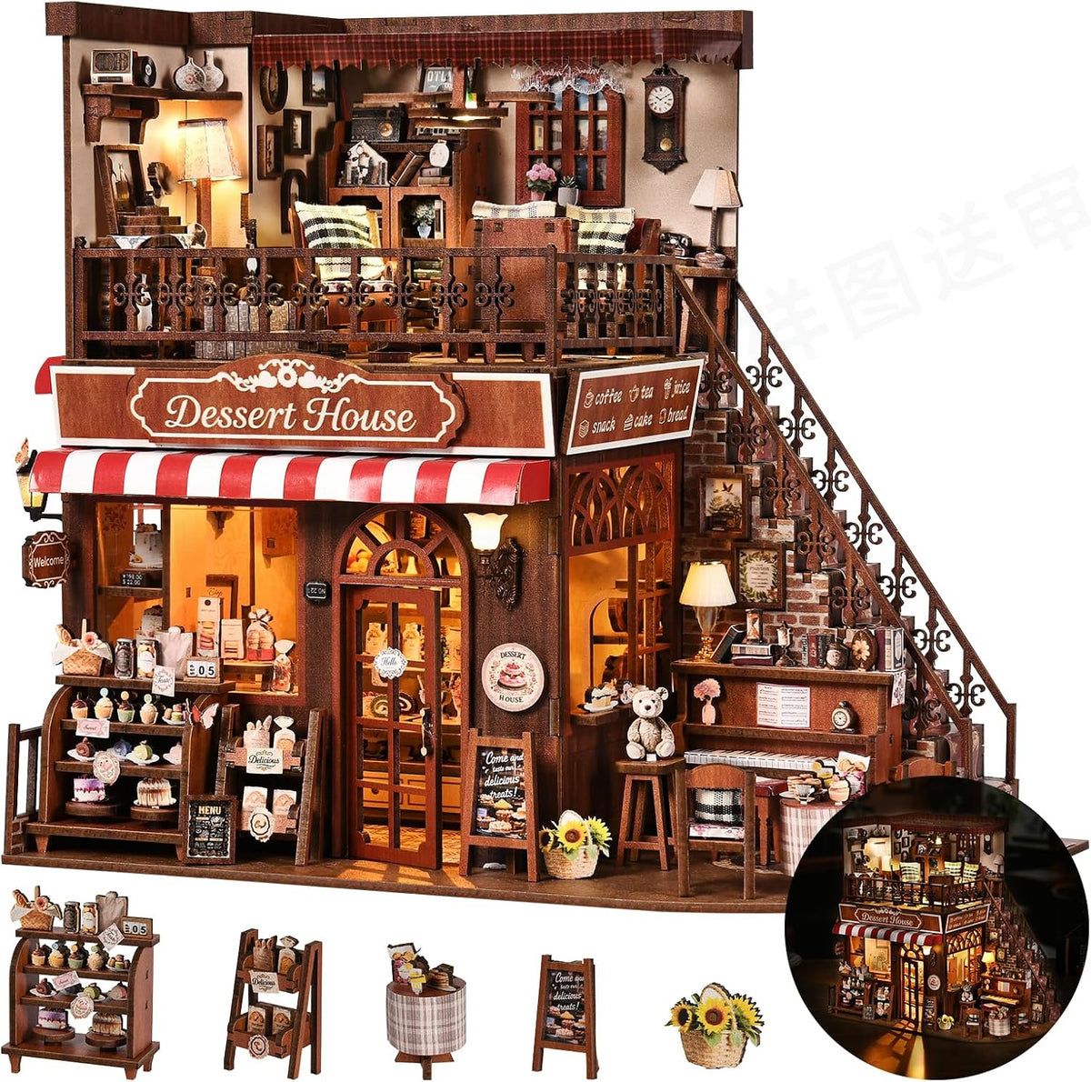DIY Miniature House Kit, Dollhouse Fantastic Corner Shop for Adults to Build, Birthday/Christmas Day Gift for Family and Friends, Prefab Tiny Home with LED Lights,Corner Dessert House