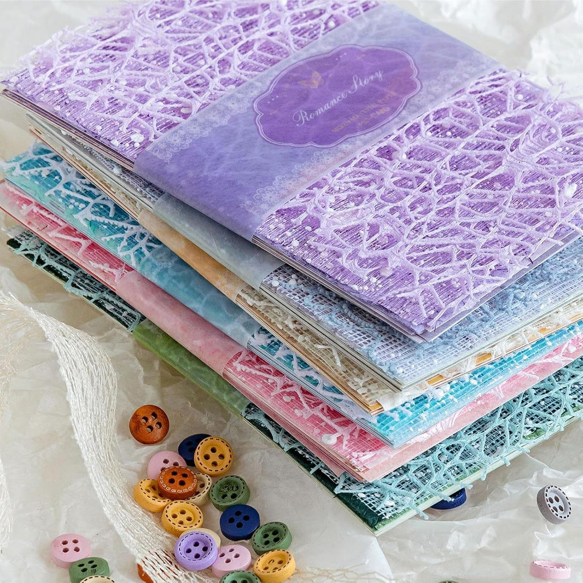 156 Sheets Textured Scrapbook Paper & Mesh Fabric Assorted Set +30 Buttons - 6 Pack Mixed Special Paper for DIY Scrapbooking Planner Bullet Junk Journal Supplies Collage Background 3.9x5.5 Inch